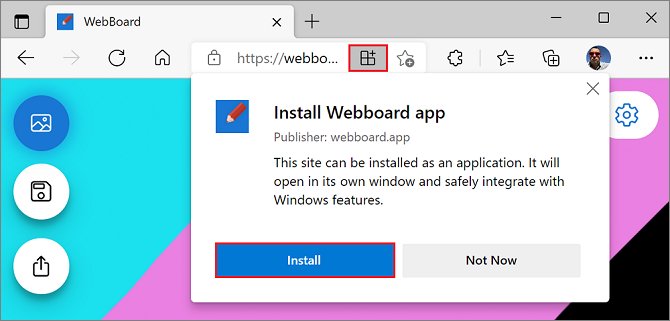 Edge install prompt for a site with the Install button highlighted