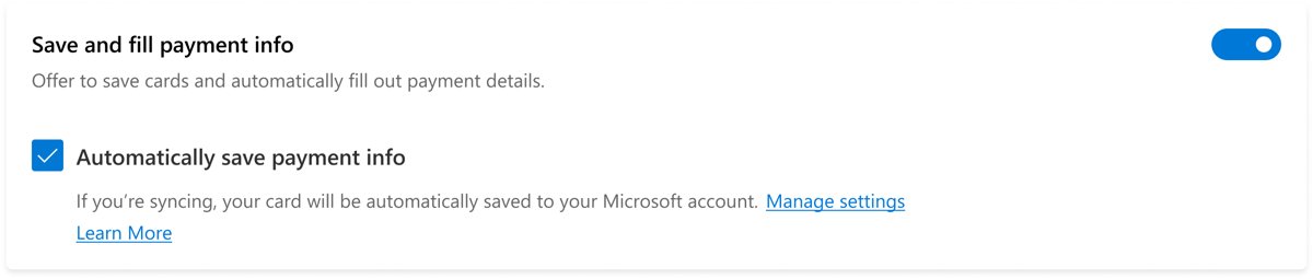 Edge payment settings with Save and fill payment info toggle enabled