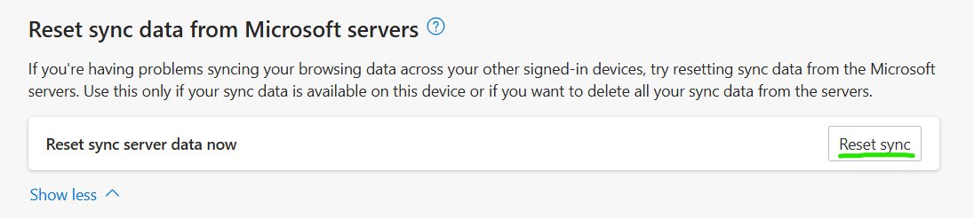Edge sync settings page with a Reset sync button