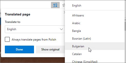 Edge's translated-page popup with the Translate to language list open