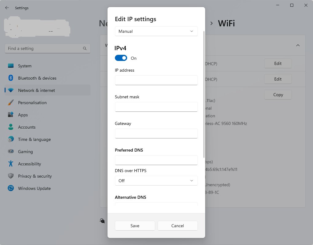 Edit IP settings dialog with Manual IPv4 configuration fields open