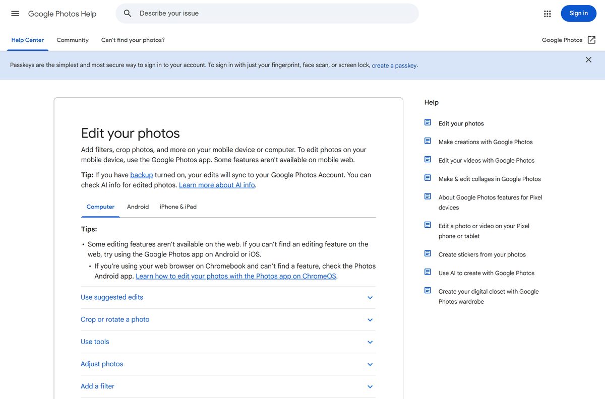 Google Photos help page for editing photos on a computer instead of Snapseed