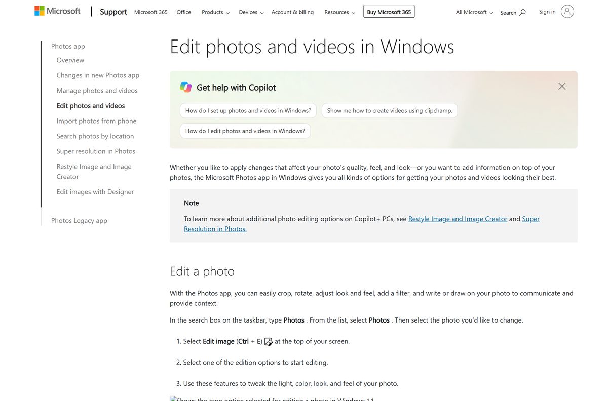 Microsoft Support page covering the editing tools in Photos
