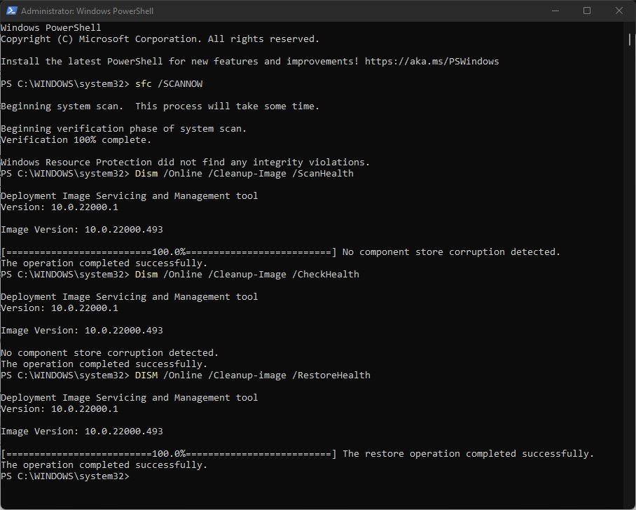 Elevated terminal running SFC and DISM system repair commands