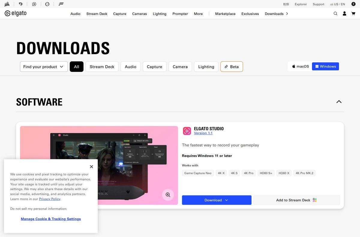 Elgato downloads page listing Studio version 1.1 and the beta