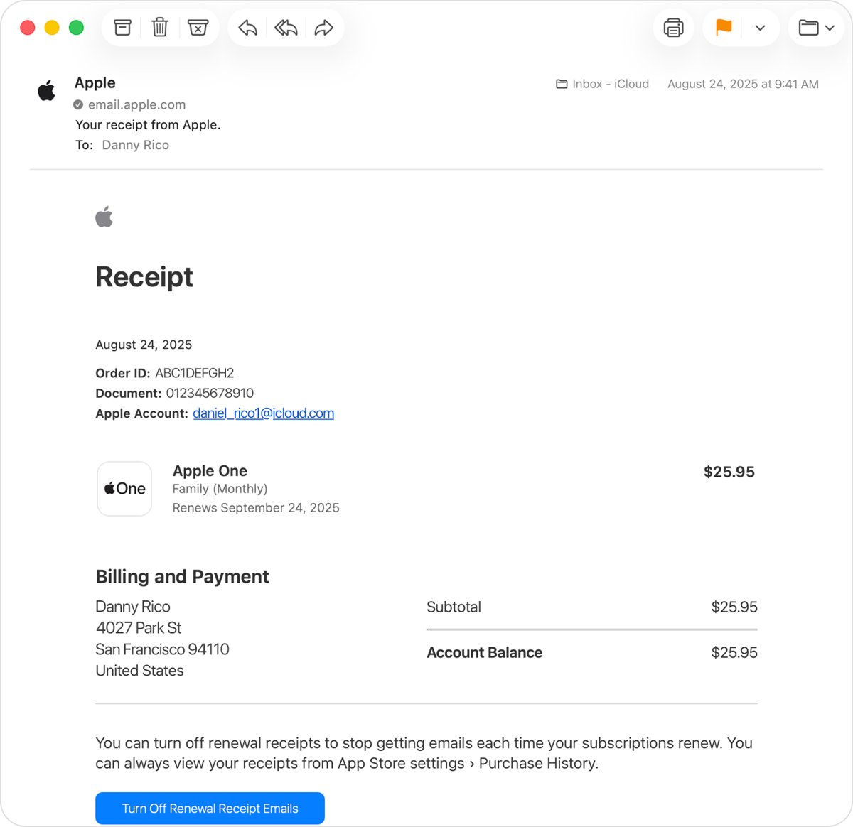 Email receipt showing an Apple One subscription price and billing address