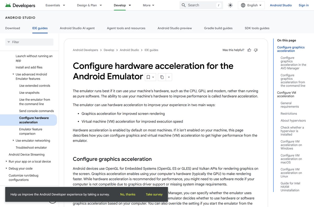 Emulator acceleration guide explaining Windows Hypervisor Platform setup