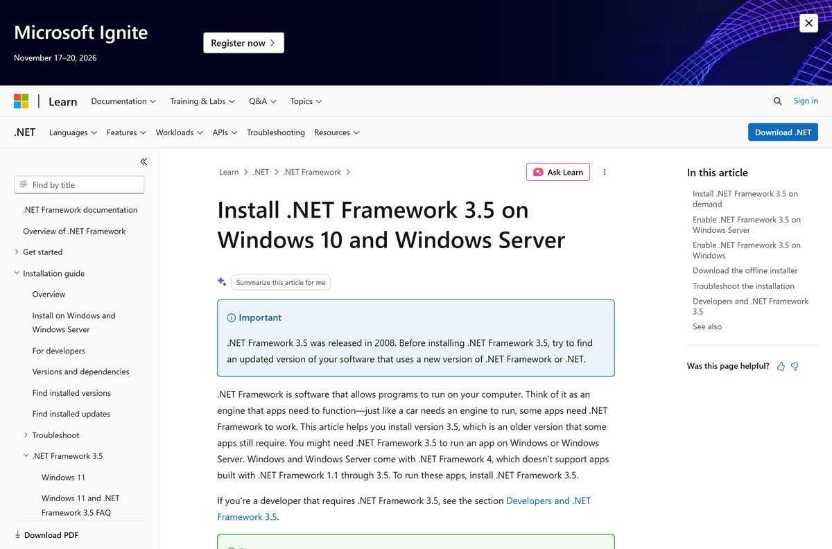 Microsoft Learn steps for turning on .NET Framework 3.5 in Windows Features