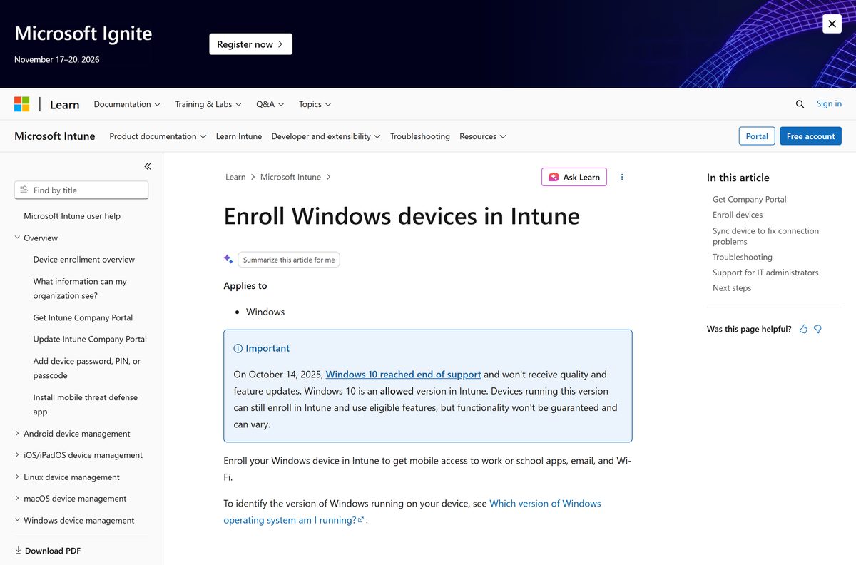 Microsoft documentation page showing the Windows enrollment steps