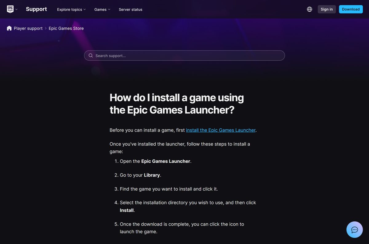 Epic support article listing the steps to install a game from Library