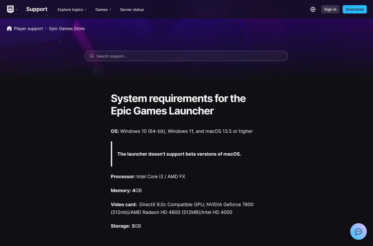 Epic support page listing the launcher's Windows and macOS requirements