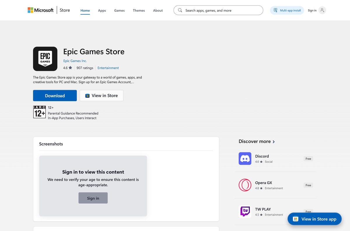 Epic Games Store Microsoft Store listing from Epic Games Inc