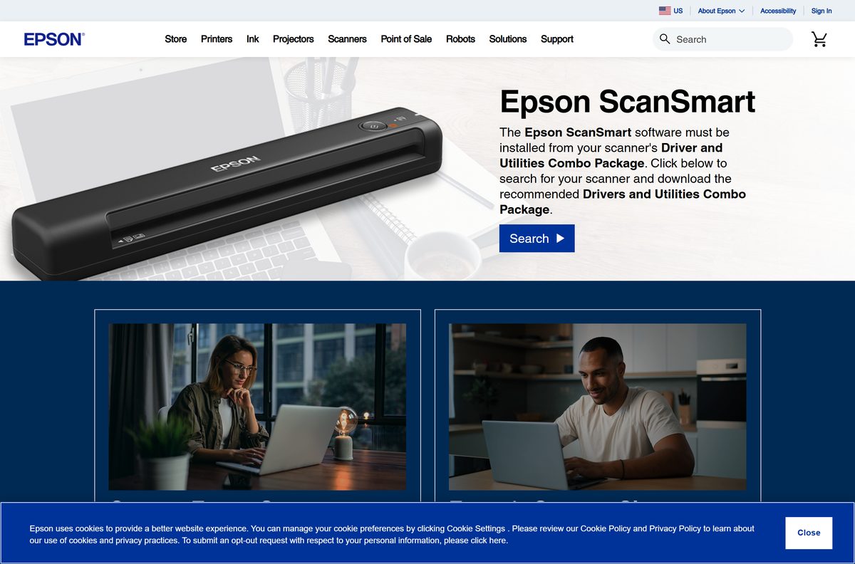 Epson support page pointing to the Combo Package installer