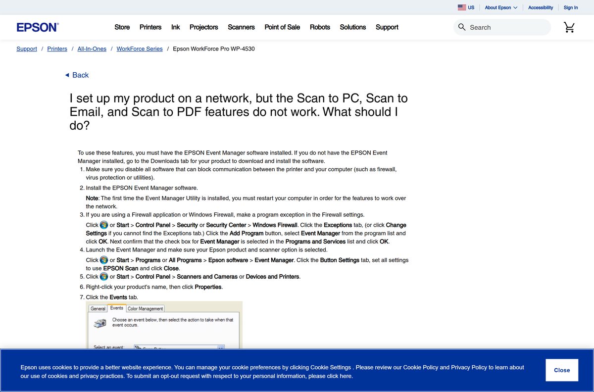 Epson FAQ on fixing network Scan to PC with Event Manager