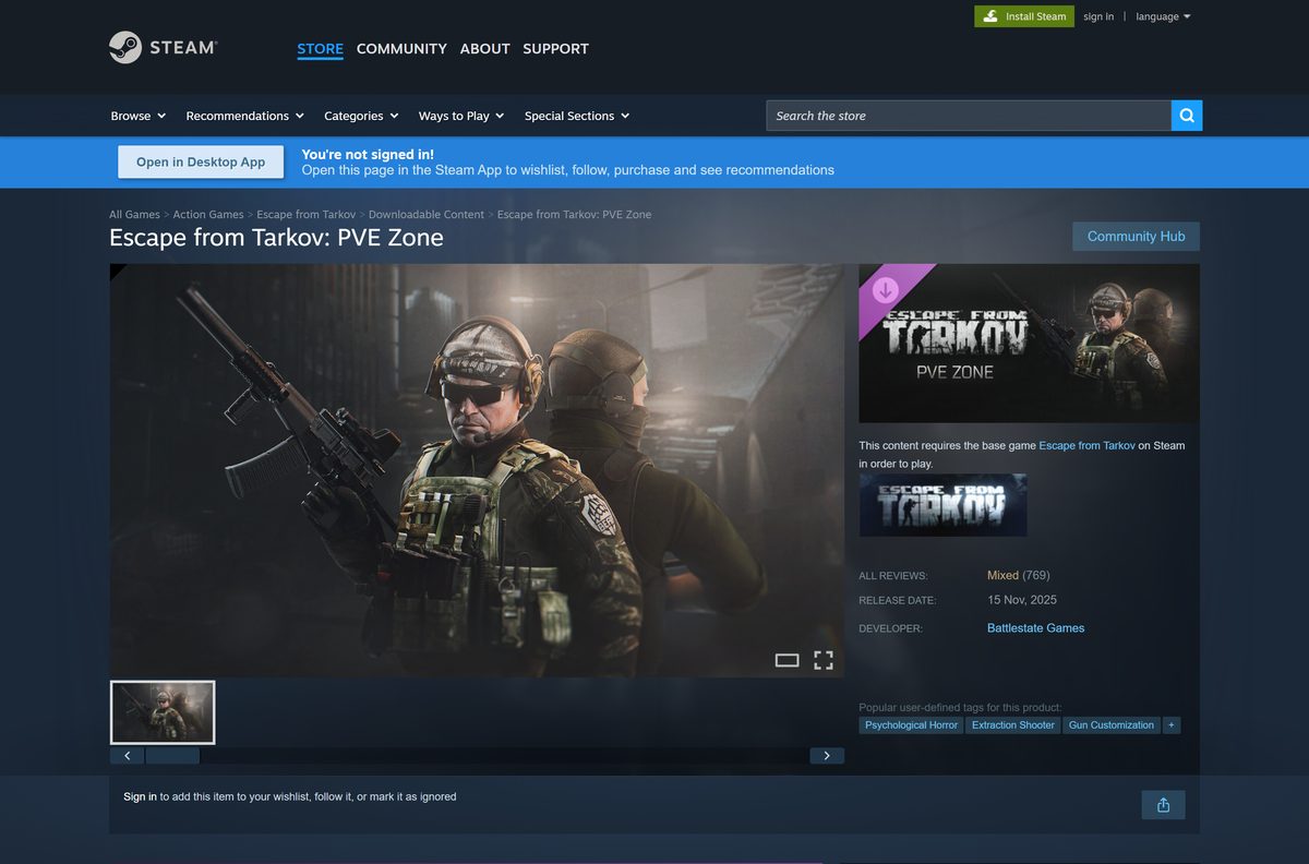 Steam page for the Escape from Tarkov PVE Zone add-on