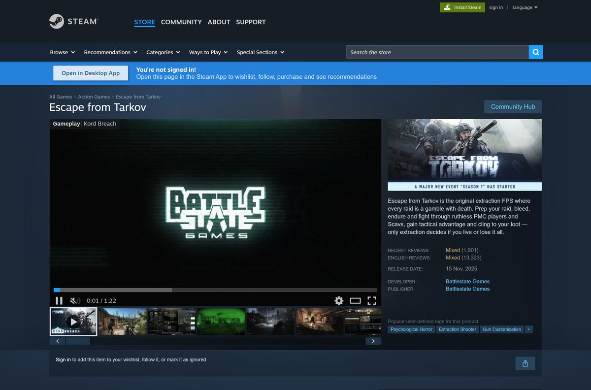 Steam store page for Escape from Tarkov with reviews and release date