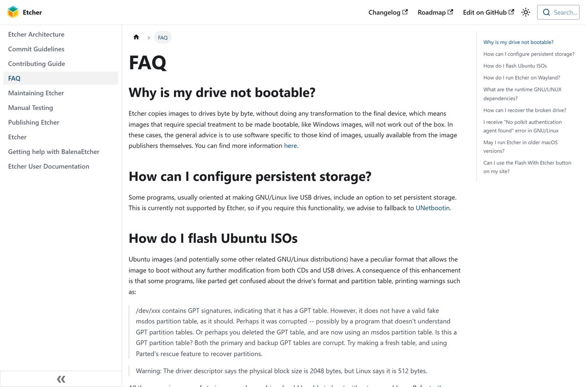Etcher FAQ page covering bootable drives and persistent storage