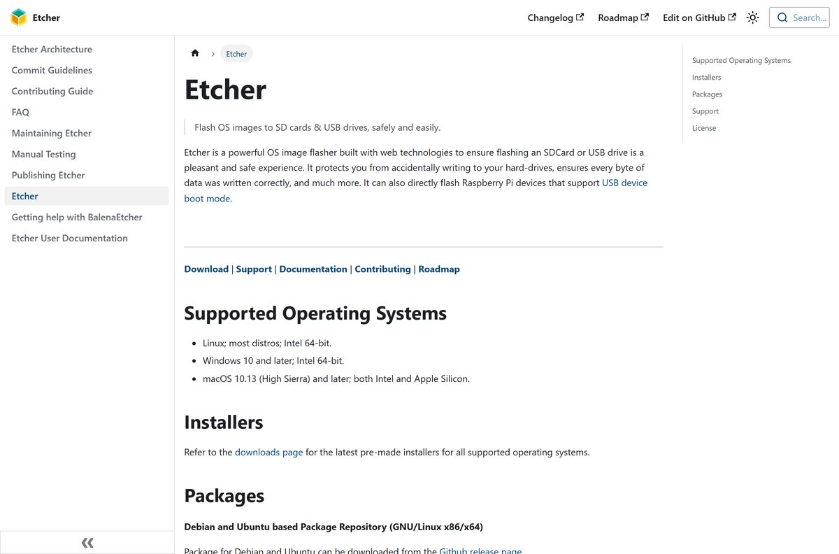 Etcher documentation listing supported operating systems and packages
