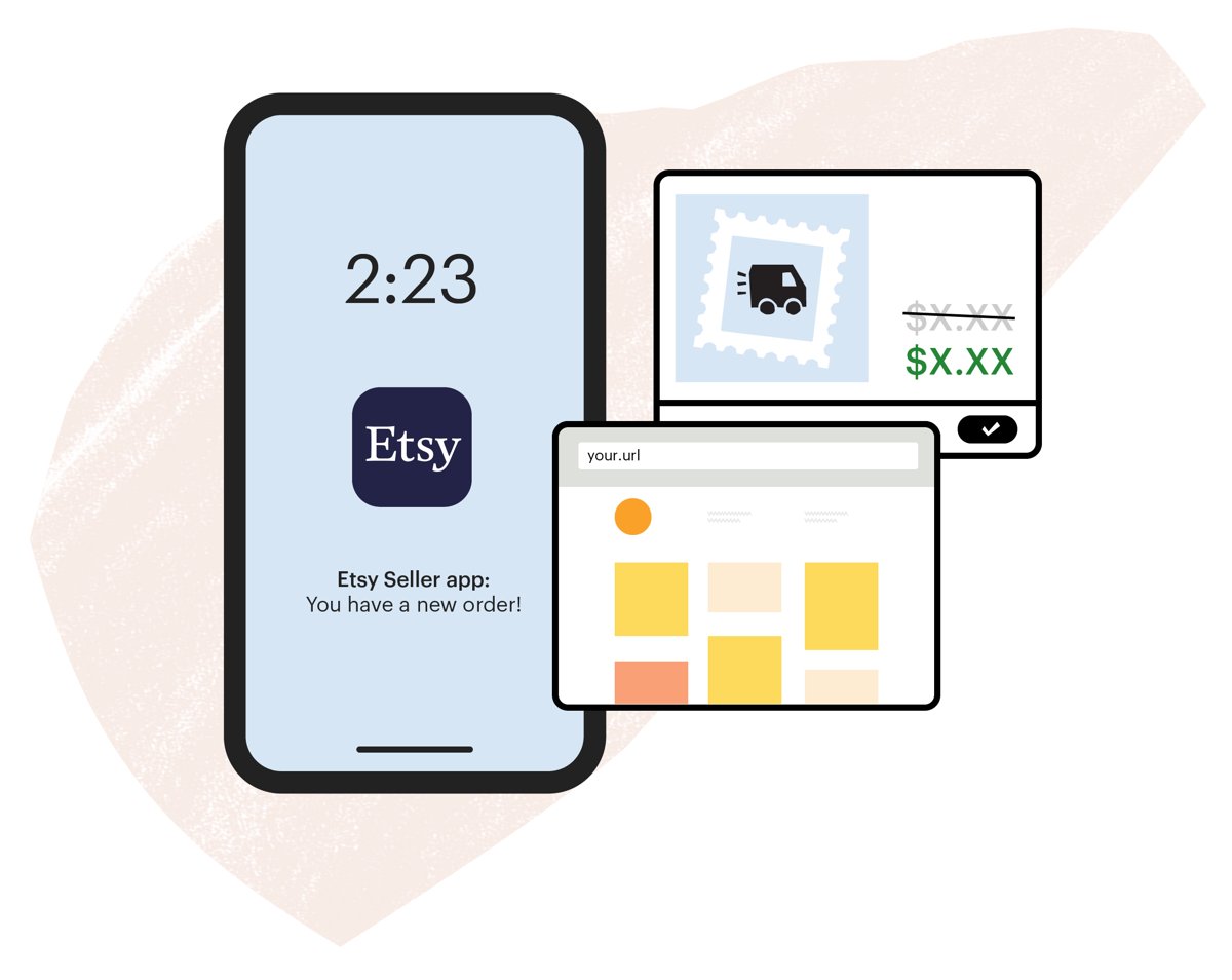 Etsy Seller app order alert next to a discounted shipping label