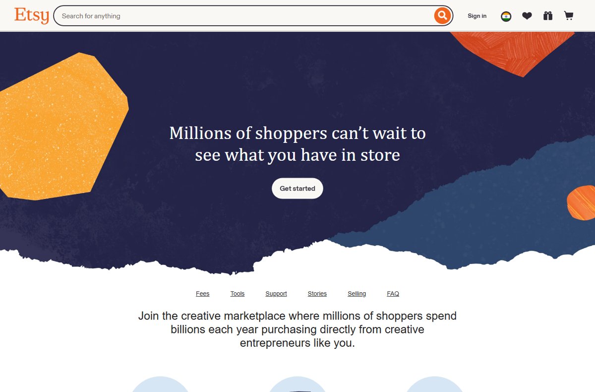 Etsy.com/sell homepage with the Get started button visible