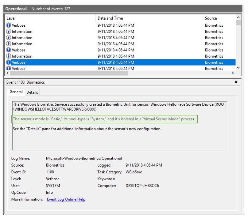 Event Viewer Biometrics log showing event 1108 for a Windows Hello sensor