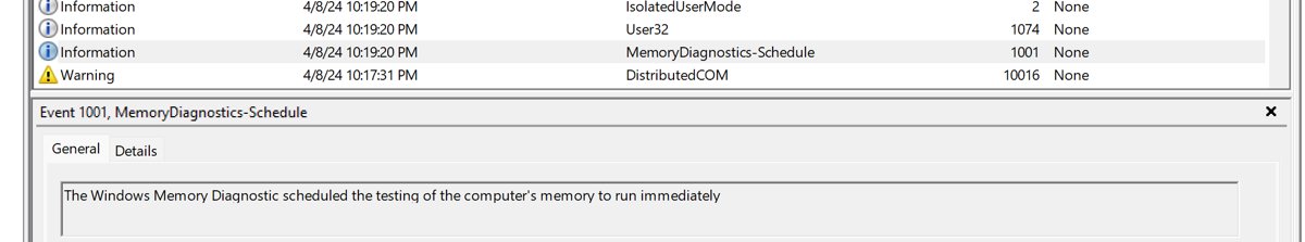 Event Viewer entry from MemoryDiagnostics-Schedule confirming a memory test was scheduled