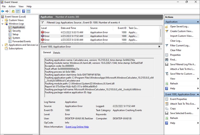 Event Viewer showing an Event ID 1000 application error entry