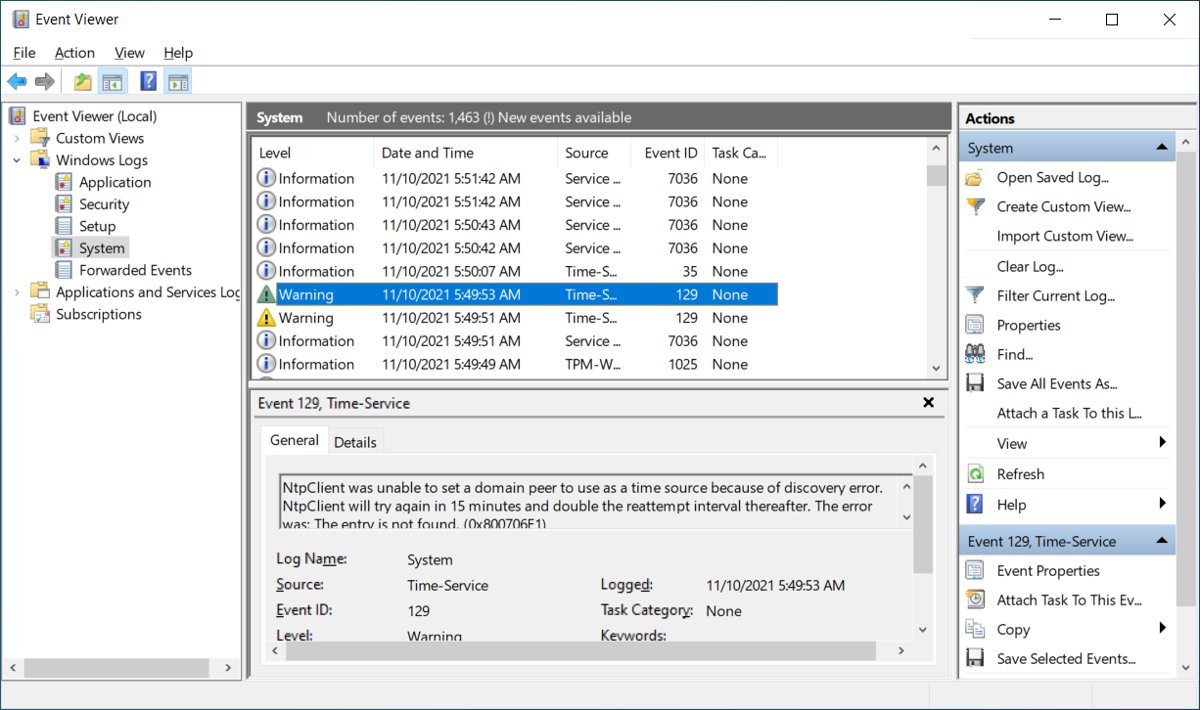 Event Viewer window showing the System log's event list and preview pane