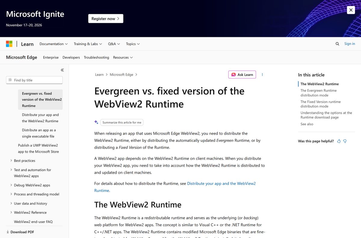 Documentation comparing evergreen and fixed version distribution of the WebView2 runtime