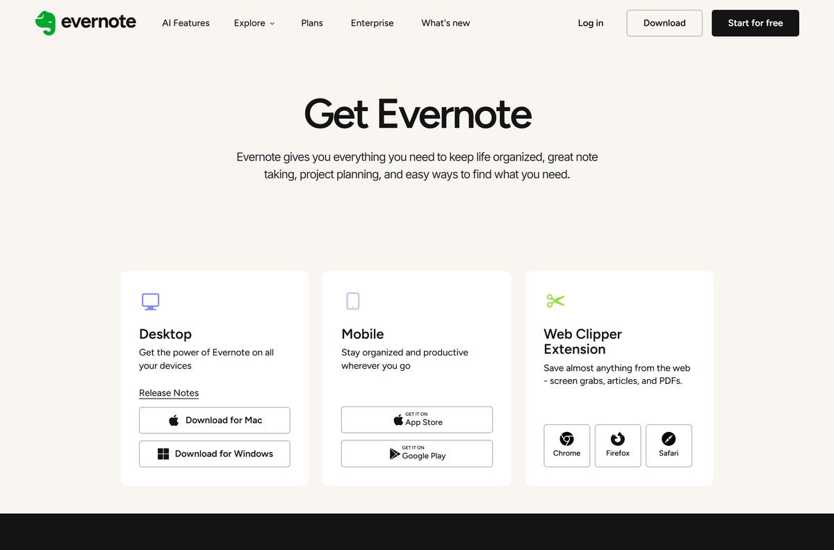 Official Evernote download page with Windows and Mac buttons