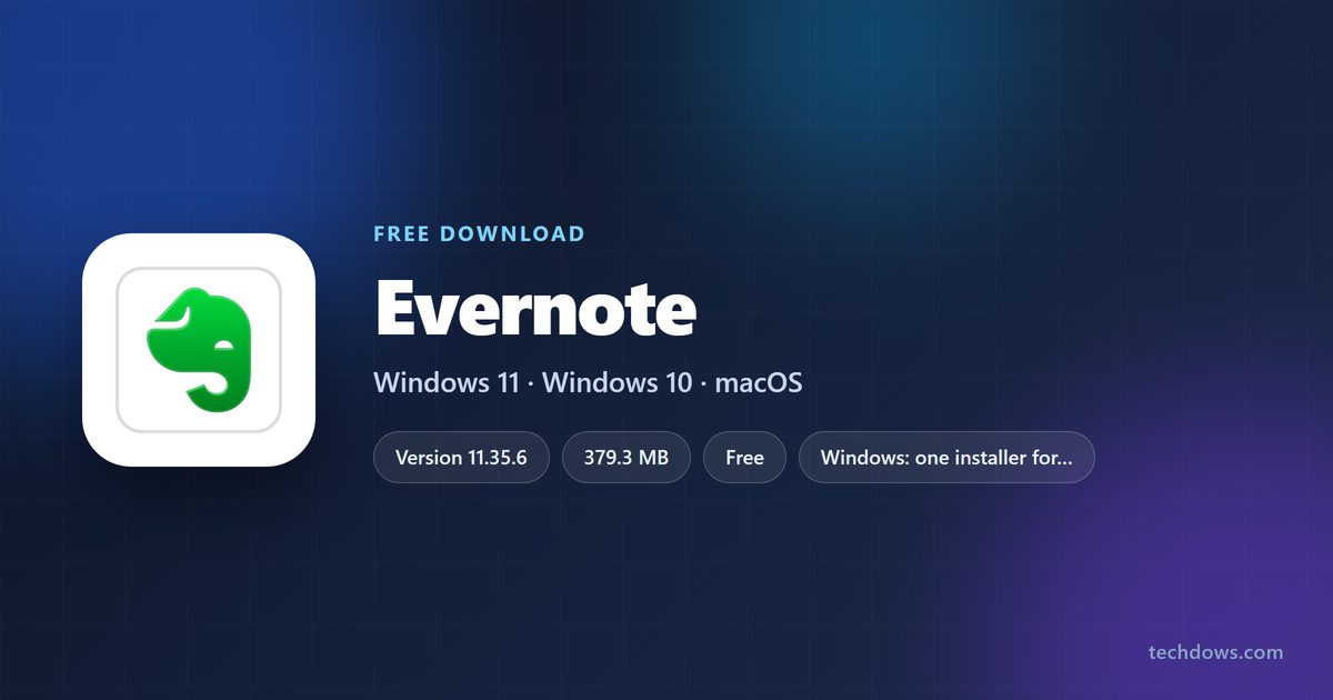 Evernote app card with version, download size and supported systems
