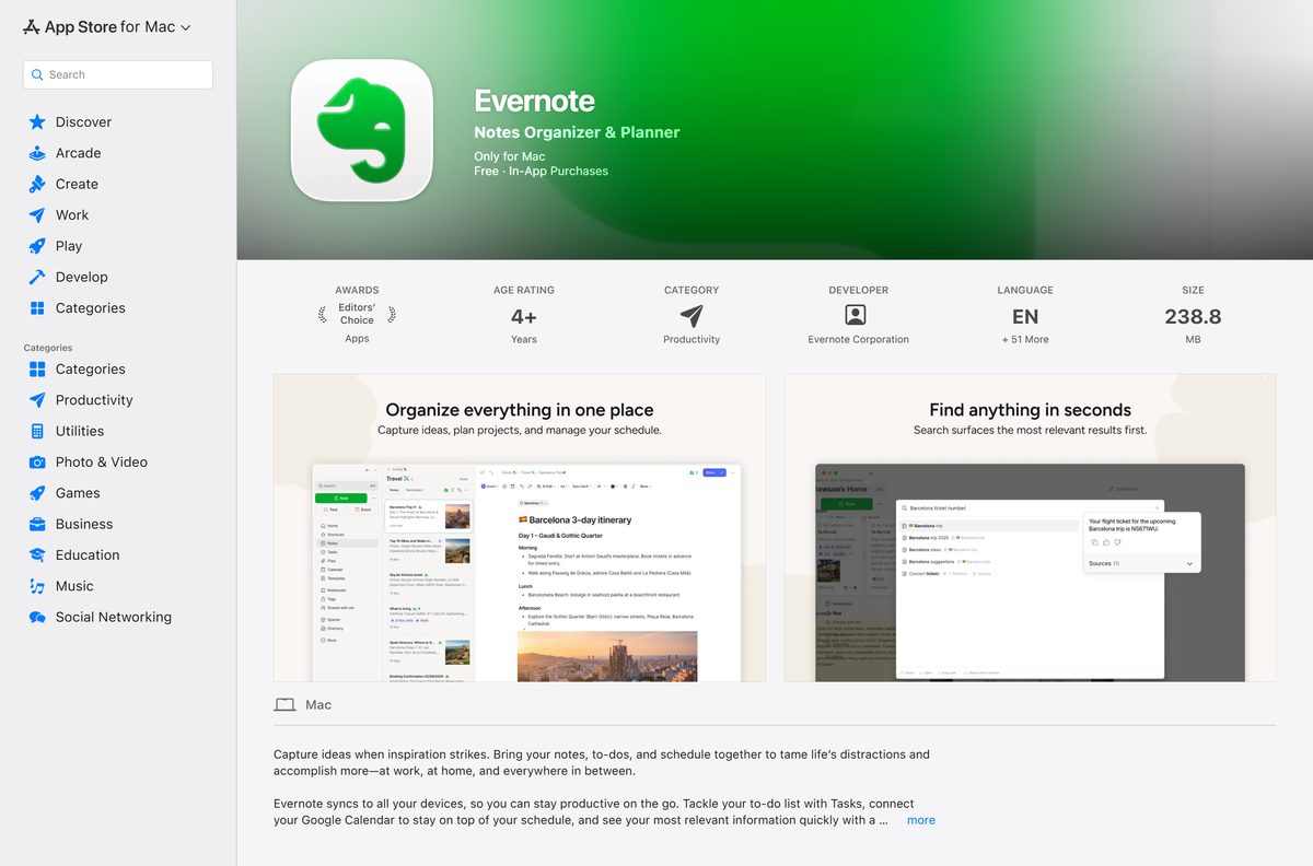 Mac App Store page for Evernote with price and rating