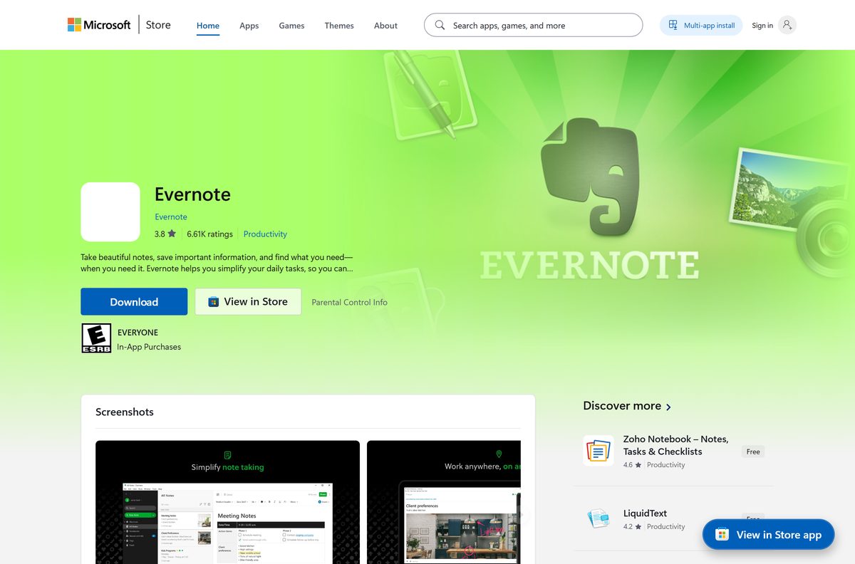 Microsoft Store listing for Evernote with its publisher and Get button