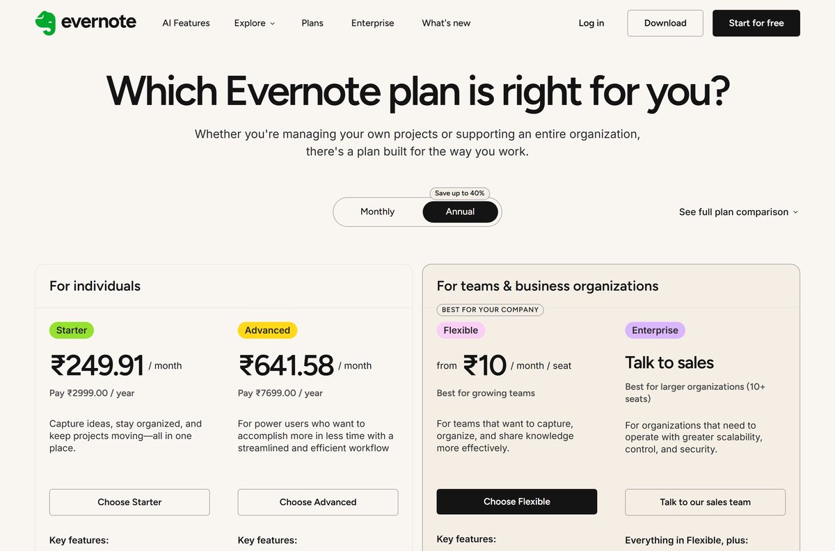 Evernote plan comparison showing Free, Starter and Advanced tiers