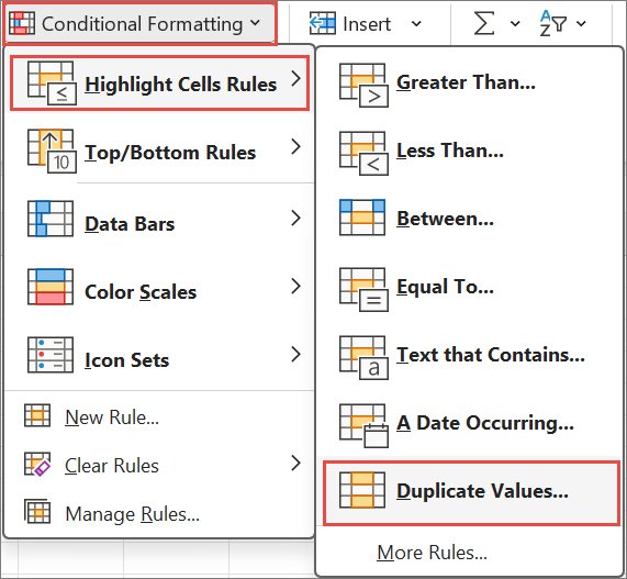 Excel Conditional Formatting menu highlighting the Duplicate Values command