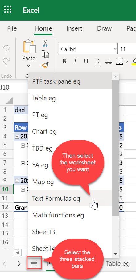 Excel for the web All Sheets menu listing every worksheet tab