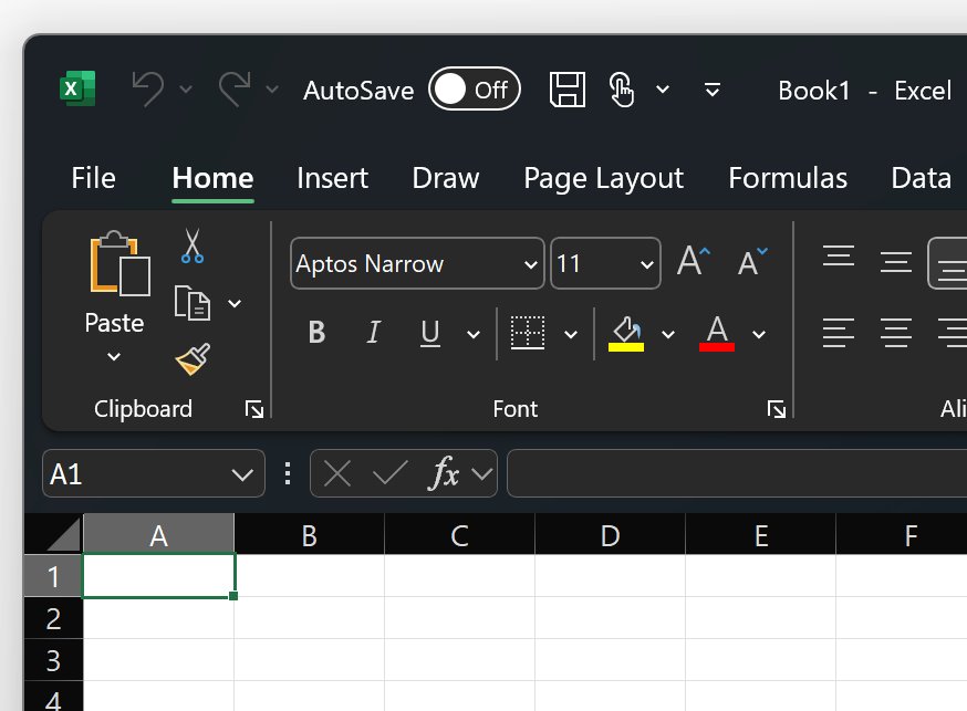 Excel ribbon and worksheet grid in the Black Office theme