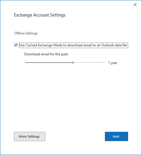 Exchange Account Settings dialog with Cached Exchange Mode checkbox selected