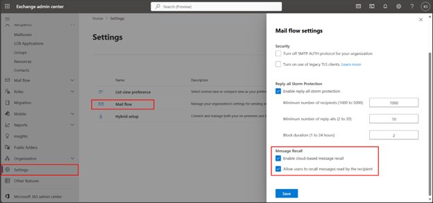 Exchange admin center Mail flow settings with Message Recall checkboxes
