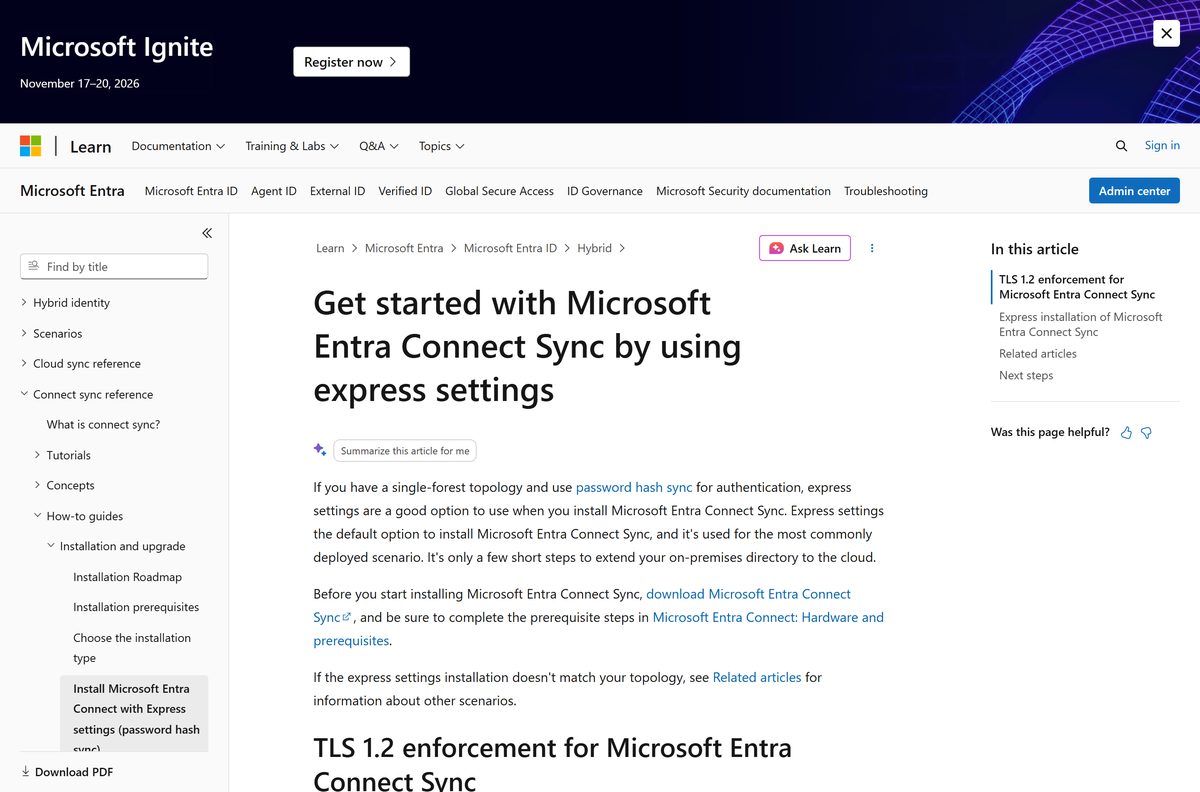 Microsoft Learn express settings guide with the download link for Entra Connect