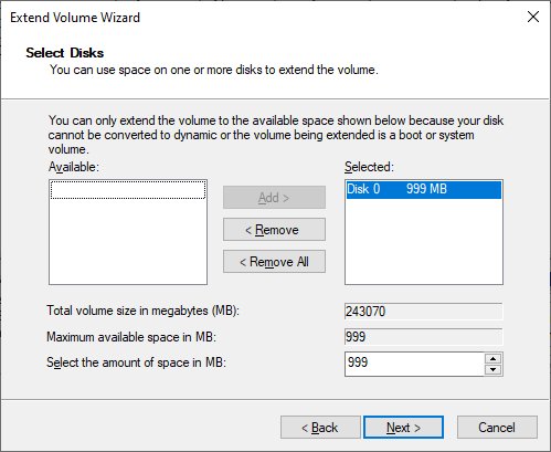 Extend Volume Wizard Select Disks page listing 999 MB available