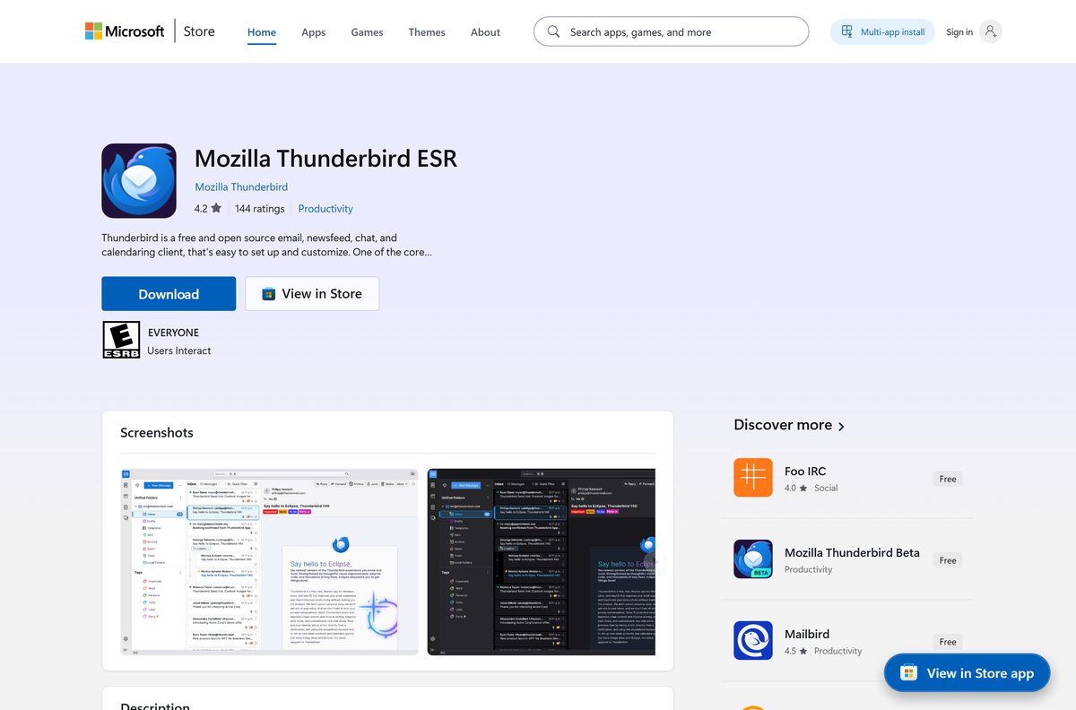 Store listing for the extended support release of the mail client