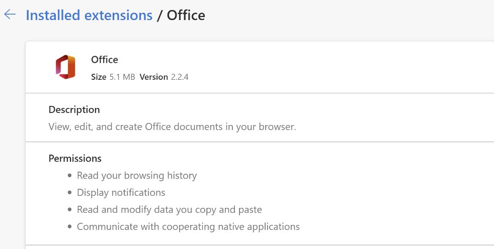 Extension details page listing Office add-on permissions like browsing history