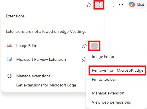 Extensions toolbar menu with Remove from Microsoft Edge option highlighted