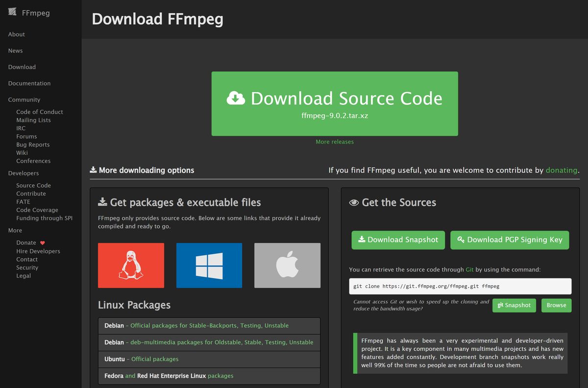 Official FFmpeg download page with source and build links