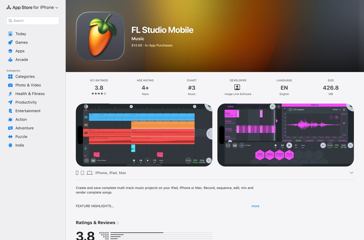 App Store listing for FL Studio Mobile with price and ratings
