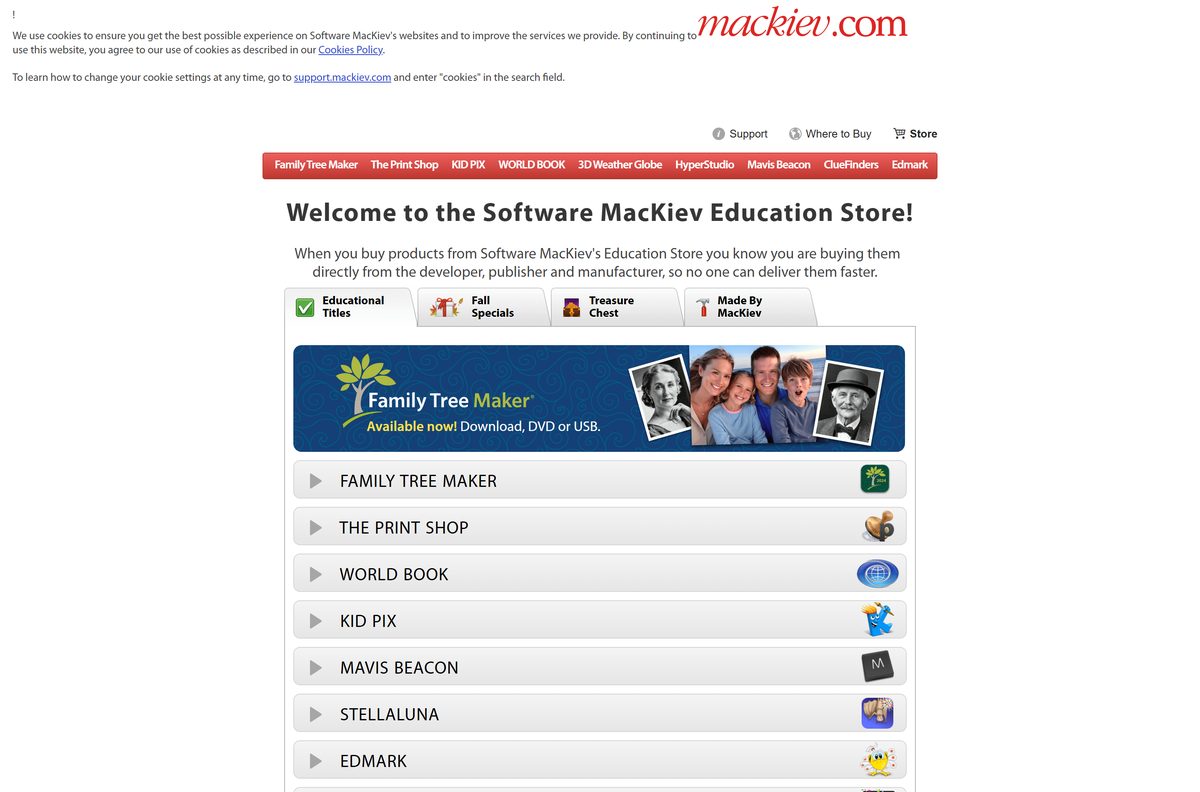 Software MacKiev store offering Family Tree Maker as download, DVD or USB