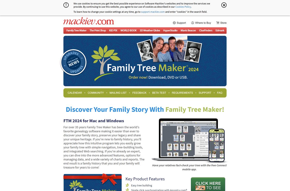 Official Family Tree Maker page listing minimum system requirements