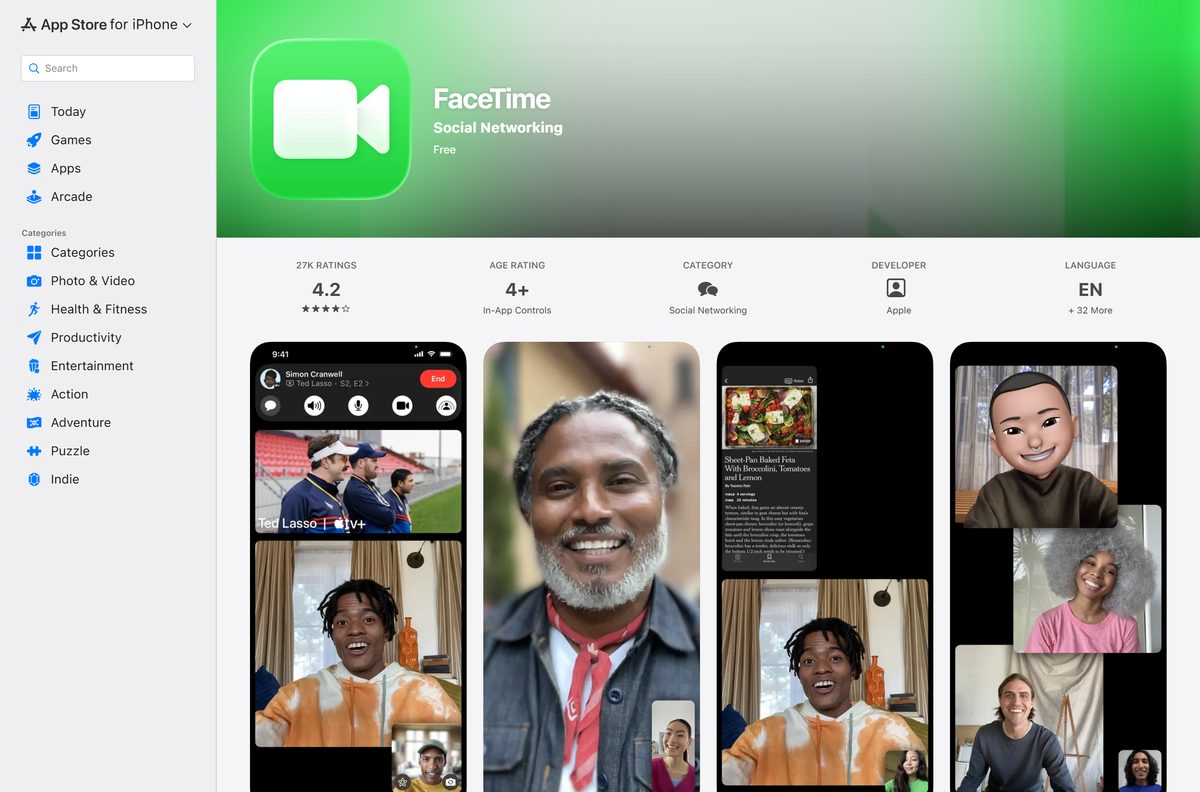 App Store listing for FaceTime showing its price, rating and category