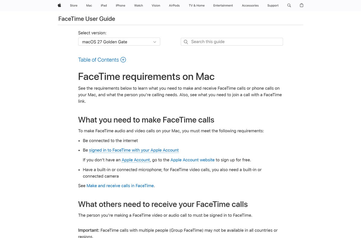 Mac guide page listing what FaceTime calls and link guests need
